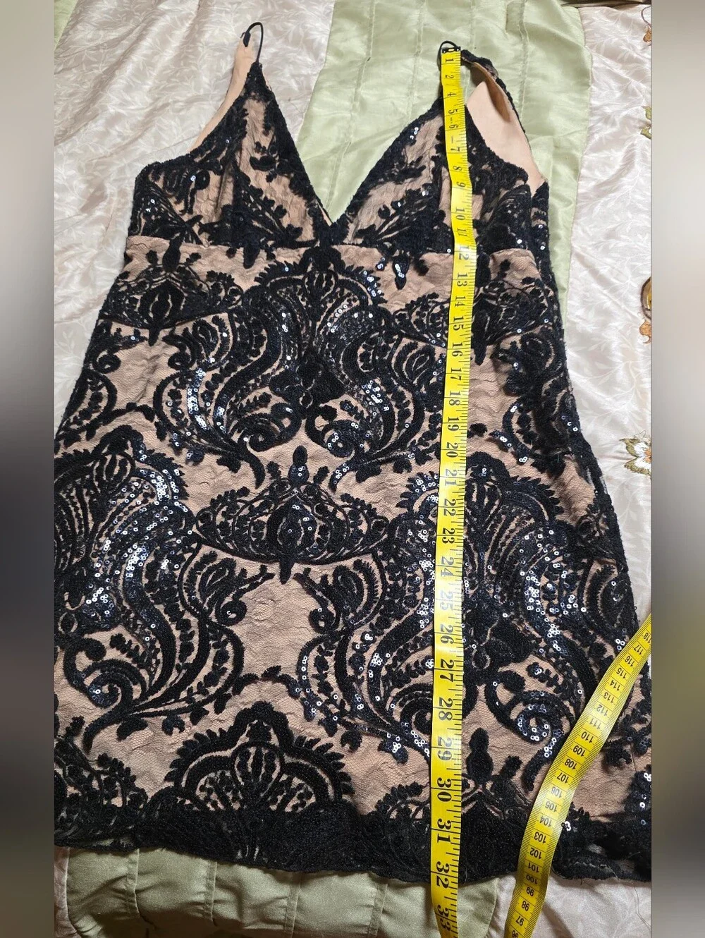 Free People Black Lace Mini Dress Size 6 Nude Illusion Deep V Boho Romantic